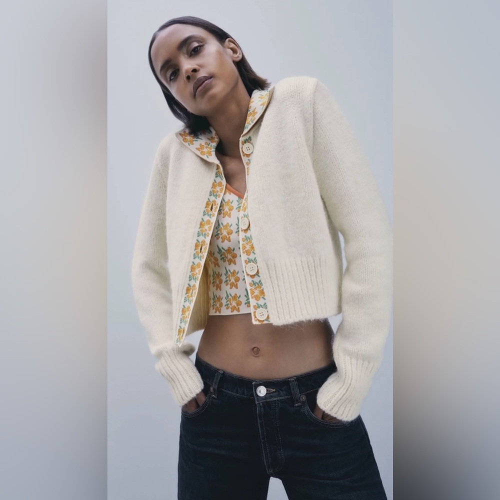 Zara Combination Knit Cardigan In Ivory/Orange Size M